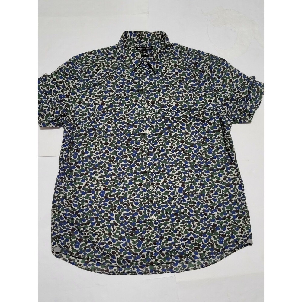 Michael Kors Blue Green Black Printed Short Sleeve Blouse